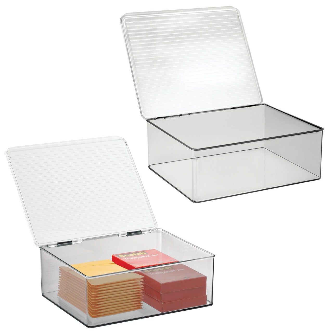 mDesign Plastic Home Office Storage Organizer Box, Hinge Lid, 2 Pack, Gray/Clear